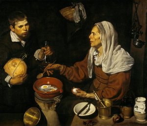 Una anciana cocinando huevos